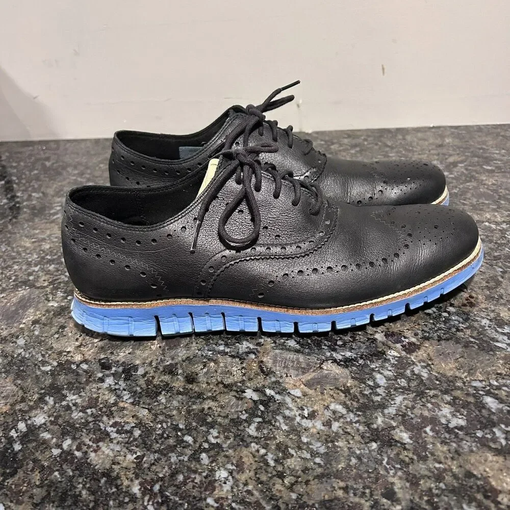Men 11 M Cole Haan Water Resistant Zerogrand Black Leather Blue Wingtip C23746